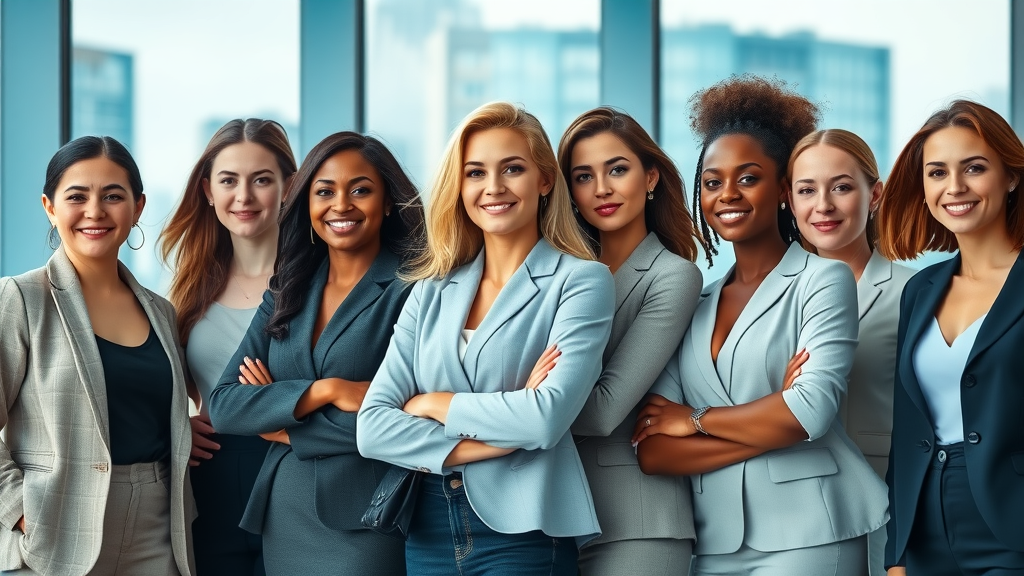 inspirational group of diverse professional women personal board of directors for women corporate board city skyline