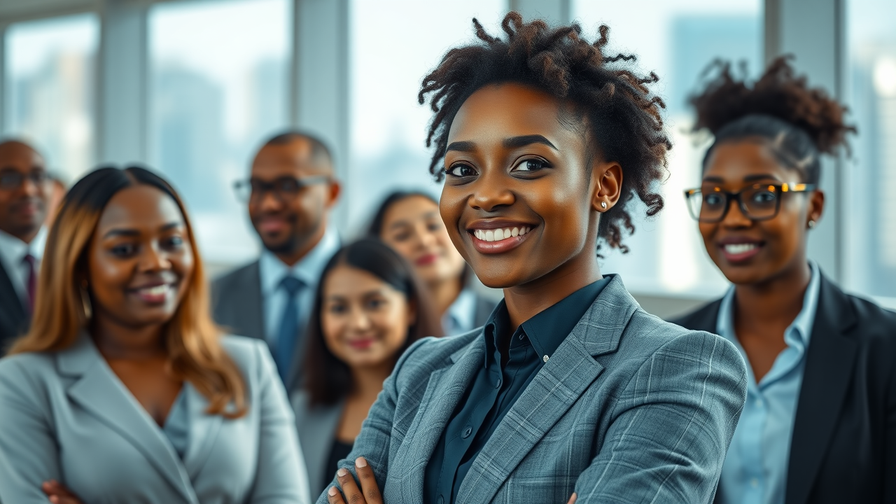 Confident professional woman among colleagues in corporate office sponsorship vs mentorship for women