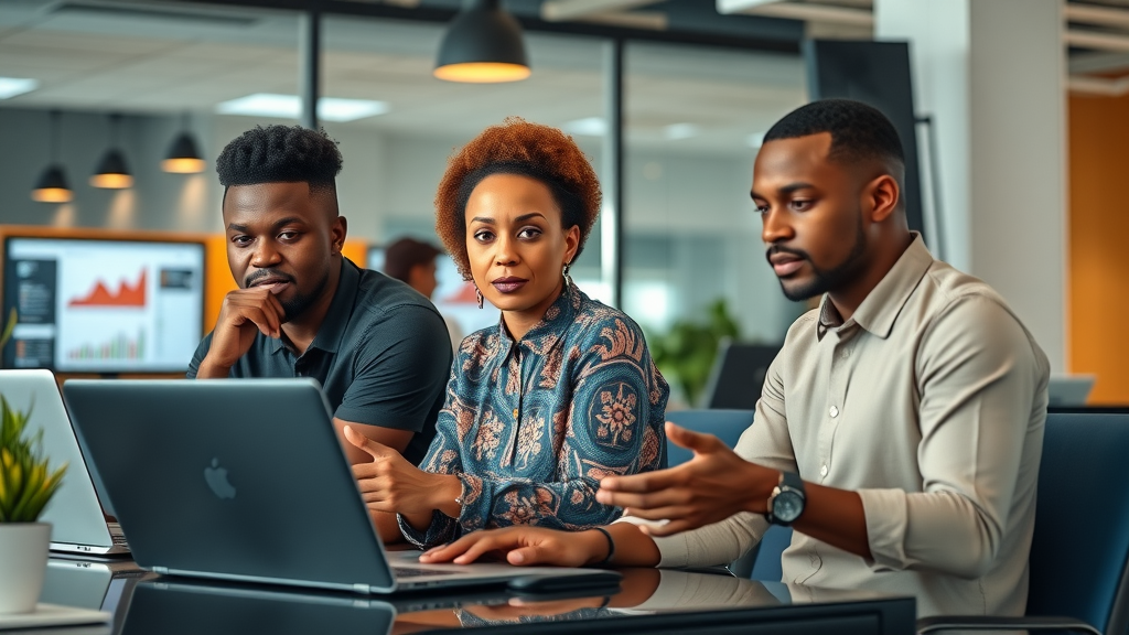 dynamic African marketing team collaborating on digital strategy for sovereign digital media ownership, contemporary office, laptops, digital charts