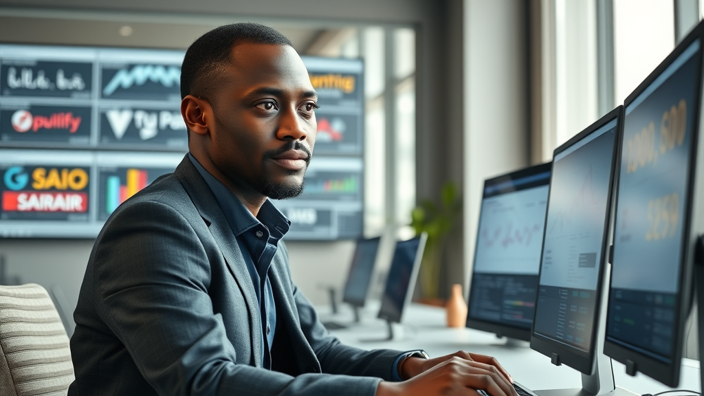 professional African entrepreneur analysing owned versus third-party media dashboards, media platforms control for digital marketing