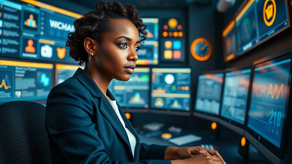 modern African businesswoman orchestrating sovereign digital media control for website, email, and social media management