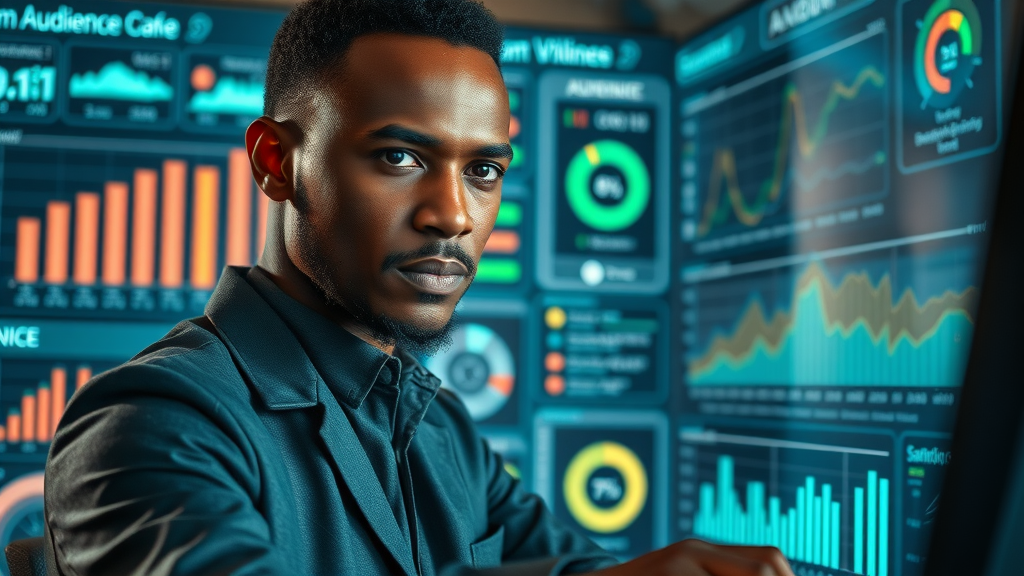African marketing analyst exploring advanced audience data dashboard for strategic content marketing