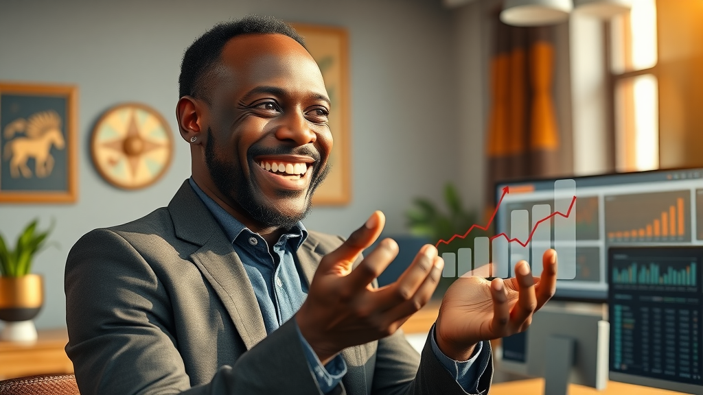 inspiring African entrepreneur celebrating digital marketing success, analytics dashboard showing upward growth