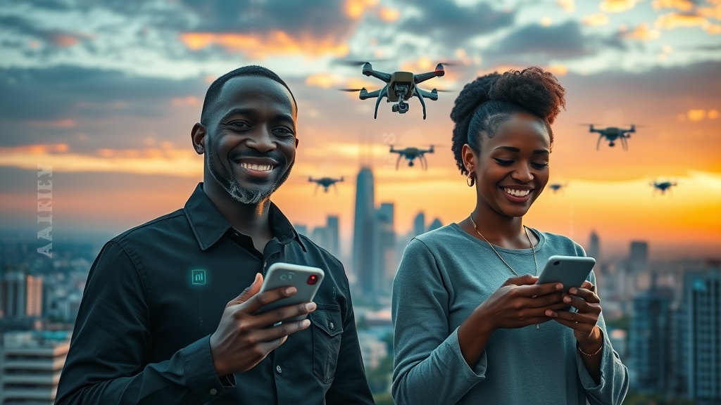 futuristic African city skyline with advanced digital marketing technology overlays, representing the future of sovereign media ownership