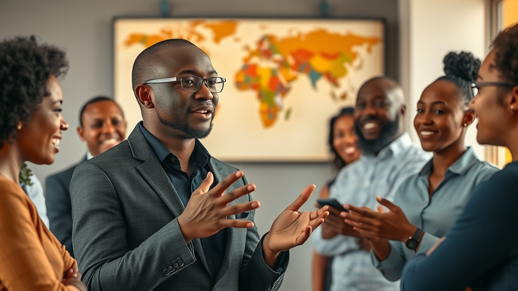 confident African marketing leader inspiring a team about future through sovereign digital media ownership