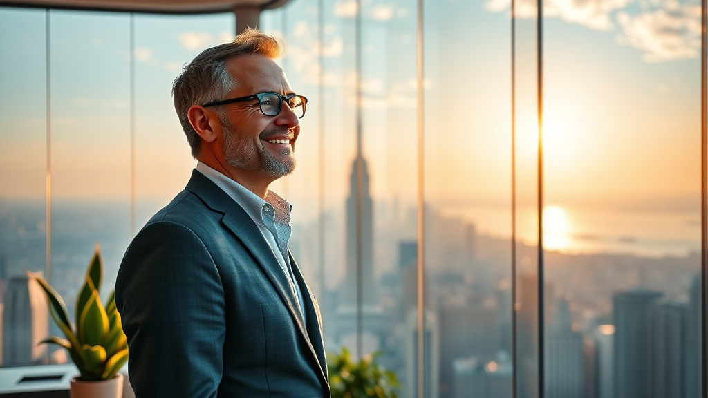 Founder mindset sustainable growth: Visionary founder overlooking city skyline, symbol of future success