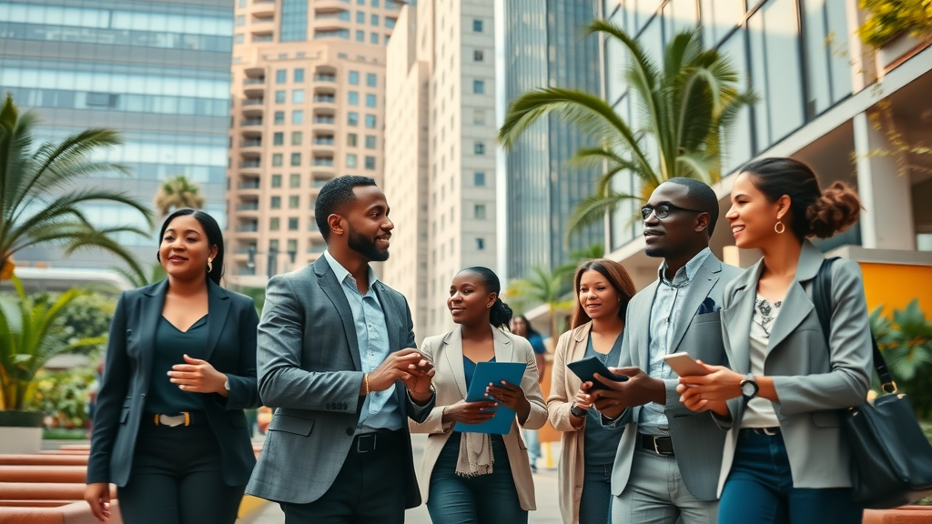 Vibrant business district in an African city with entrepreneurs engaged in animated discussions in coworking spaces