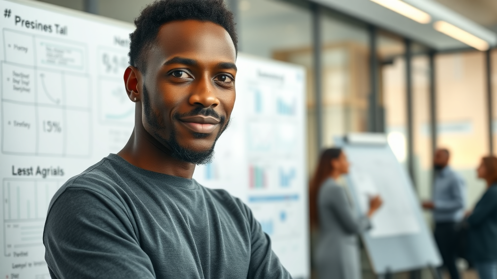 Inspiring African founder with determined expression in an innovation lab, standing in front of business model diagrams