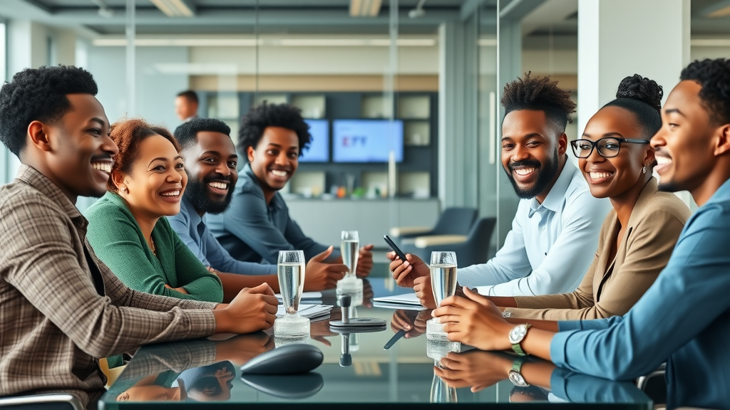 Inspirational African startup team brainstorming in modern high-tech office