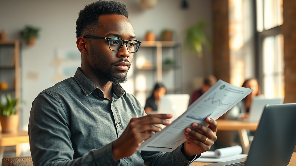 Resourceful African founder working with digital tablet and financial charts in cozy workspace