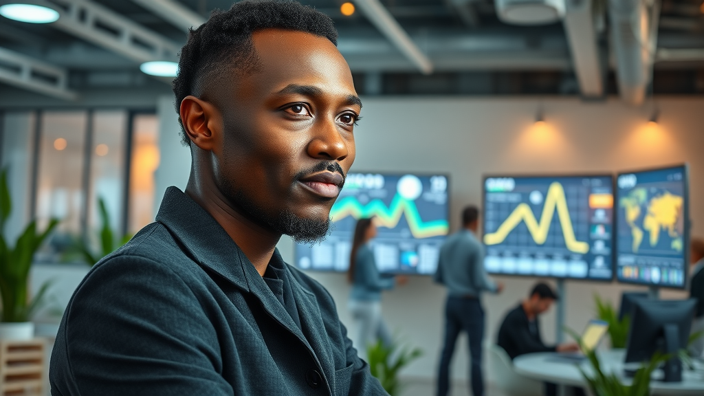 Visionary African entrepreneur inspired by digital roadmap on wall screen in futuristic office