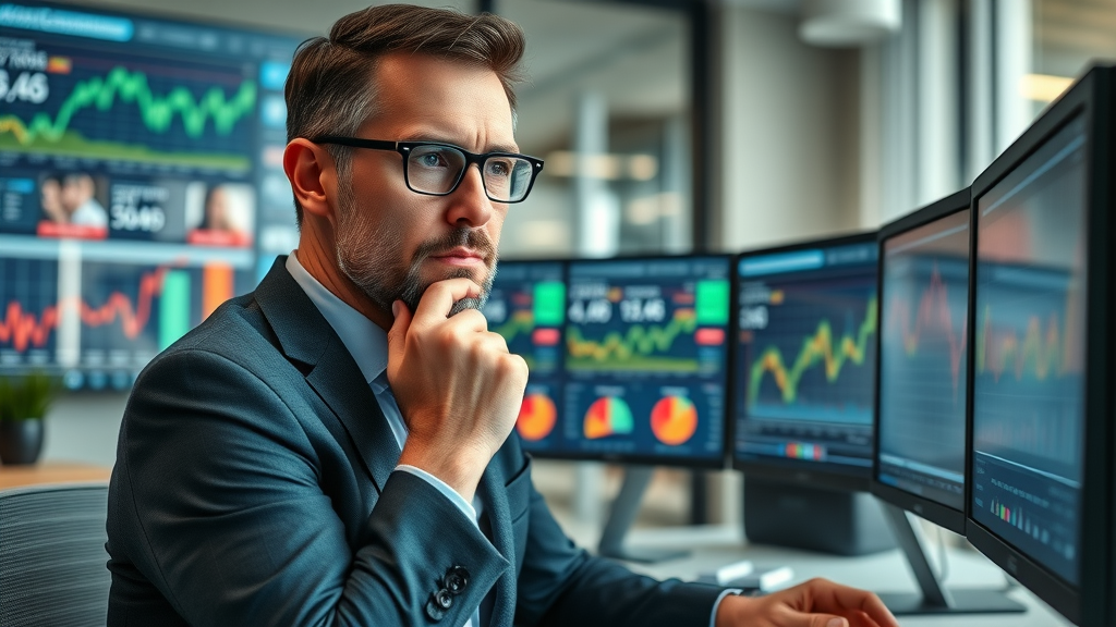 Entrepreneur analyzing market data on multiple screens, showing business systems and strategic planning for startup strategy expert insights
