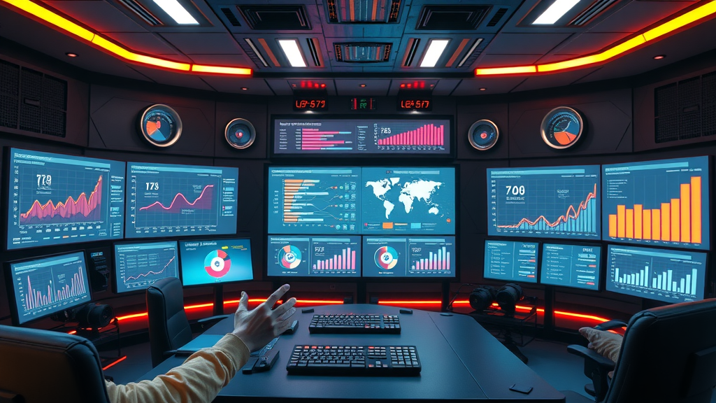 Futuristic control room with digital dashboards illustrating automated marketing and growth funnels, key for startup strategy expert insights