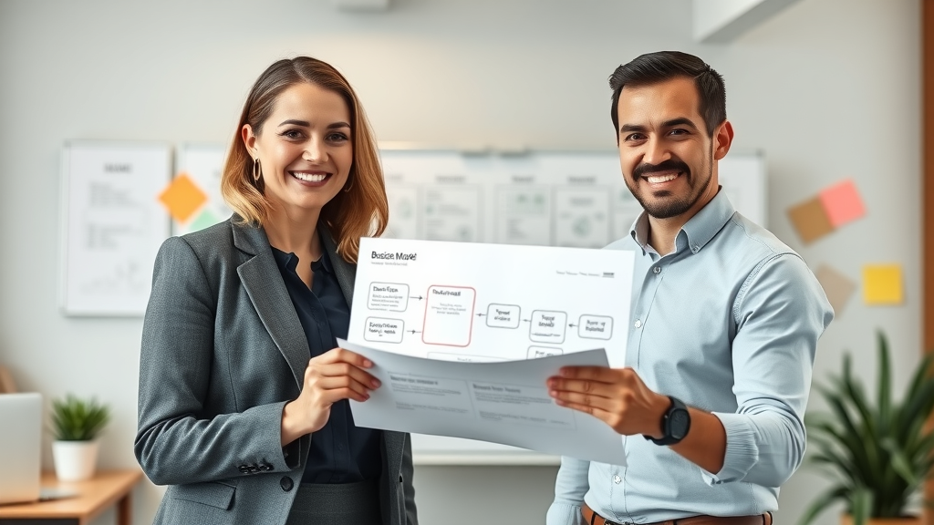 Confident businesswoman and businessman reviewing business model canvas, demonstrating startup strategy expert insights