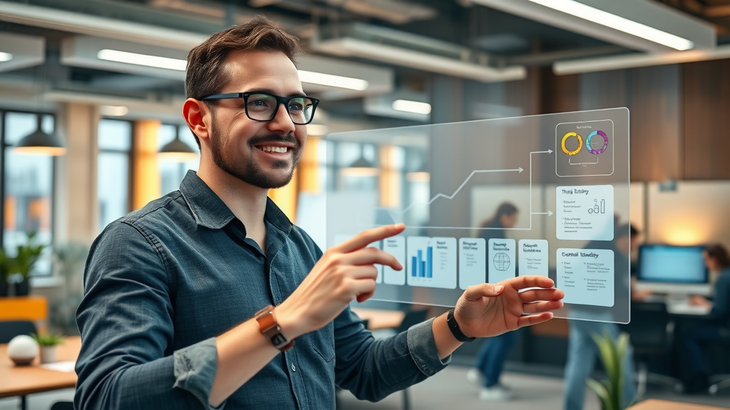 Startup founder outlining growth strategy on digital touchscreen board, showcasing startup strategy expert insights