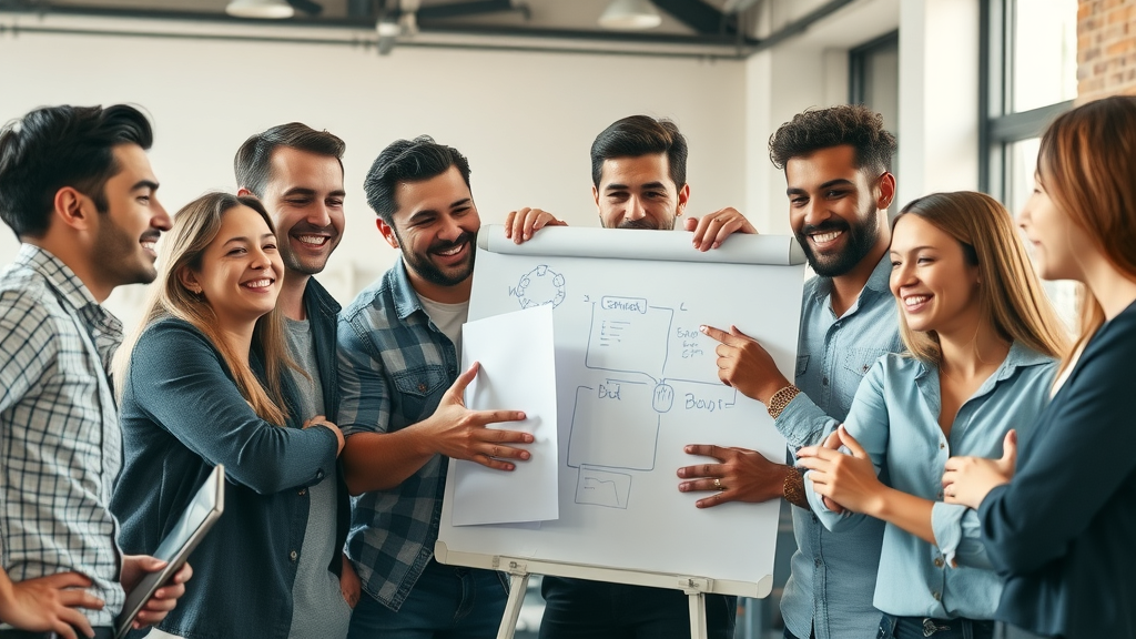 Startup team collaboratively solving one person problem startup in a modern urban loft workspace
