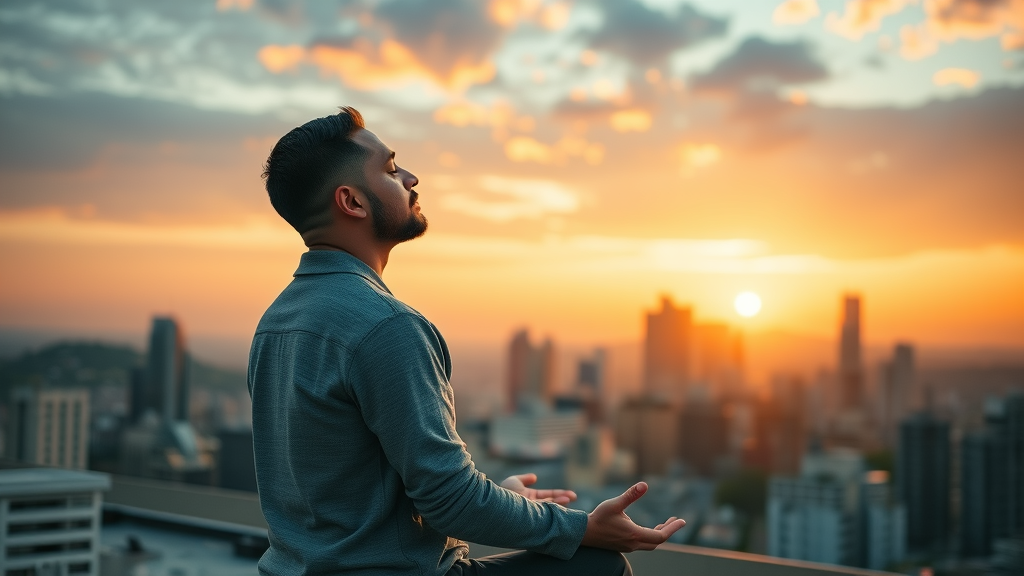 Visionary startup founder meditating with clarity and purpose symbolizing startup architecture