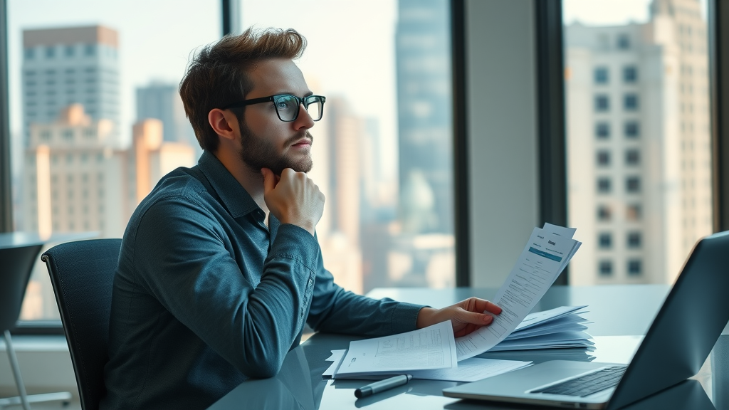 Choosing the right customer startup: Thoughtful founder at sleek desk in modern incubator space