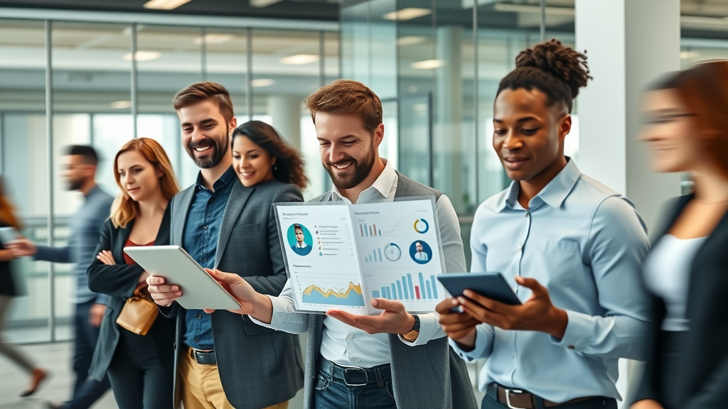 Ideal customer profile in startup growth: Diverse business team reviewing customer personas and analytics