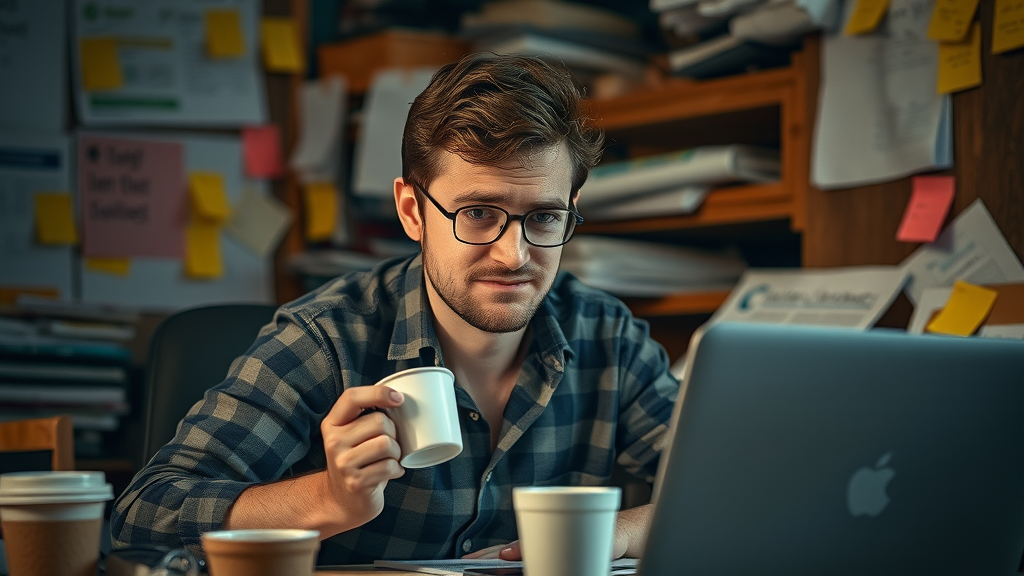 Common mistakes in choosing the right customer startup: Overworked and weary startup founder in cluttered workspace