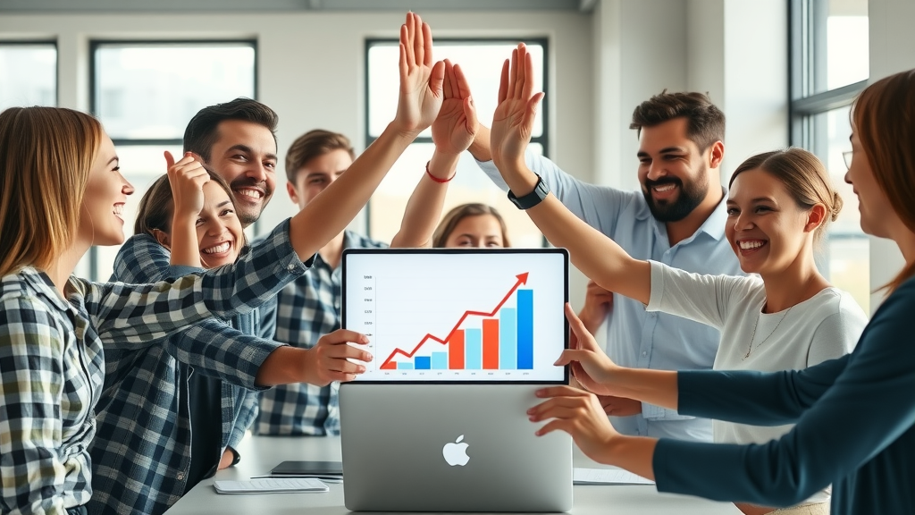 Startup team celebrating success: Joyful expressions high-fiving around growth chart showing sustainable startup development