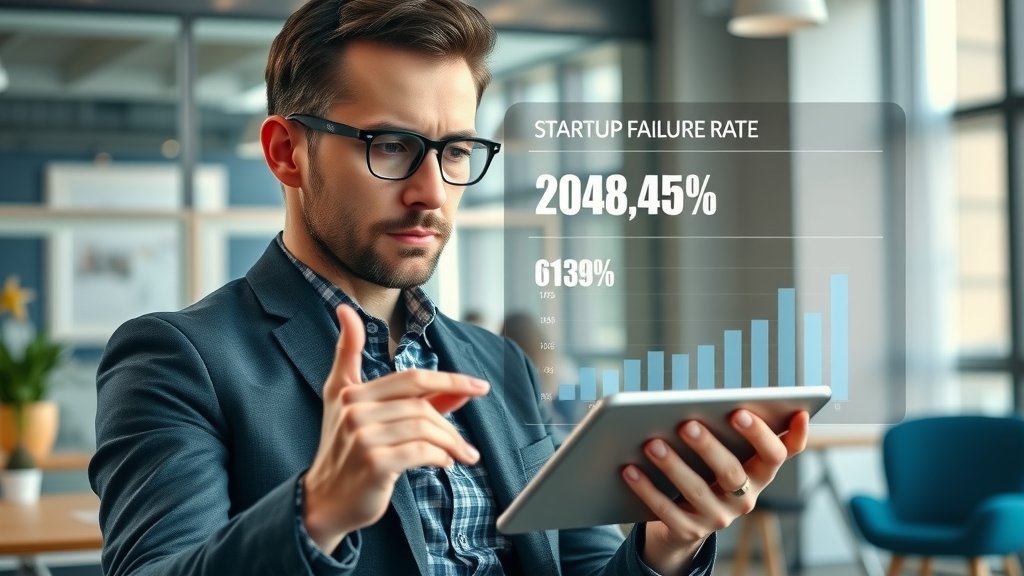 Startup ignition sequence infographic showing high startup failure rates with entrepreneur reviewing data
