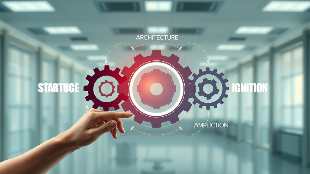 Startup ignition sequence diagram showing interconnected gears of Architecture, Ignition, Amplification