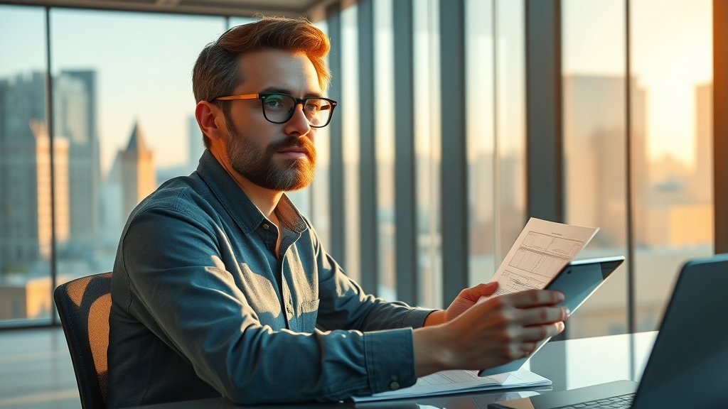 Confident founder planning startup architecture at desk with blueprint and digital tablet