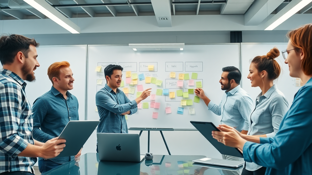 Innovative team collaborating on scalable startup systems in modern open office