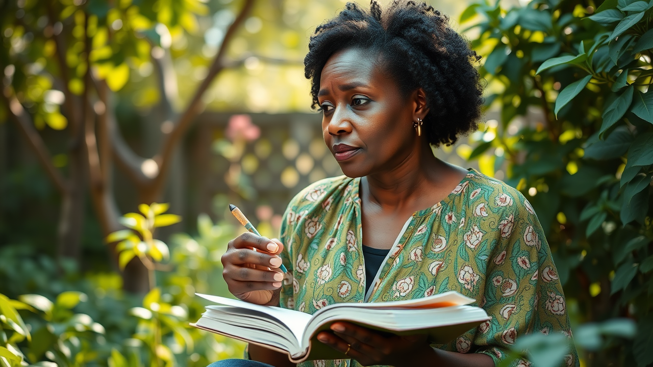 Wise entrepreneur in serene garden-inspired study analyzing opportunities, symbolizing founder mindset and preparation