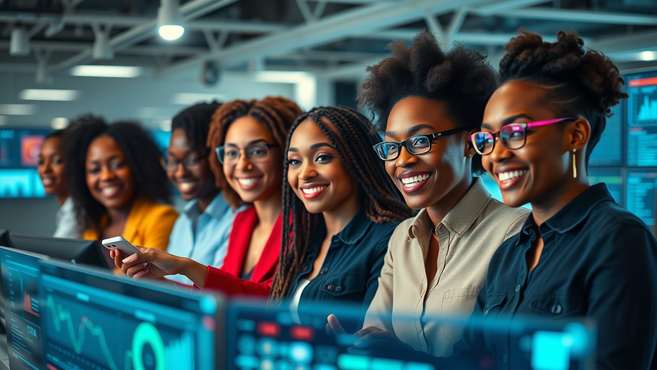 Diverse startup team collaborating and monitoring digital dashboards, illustrating scalable customer service systems