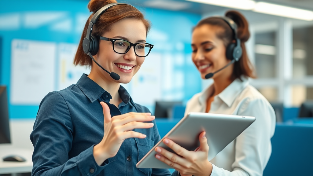 Smiling support agent assisting a new customer, showcasing welcoming first customer approach