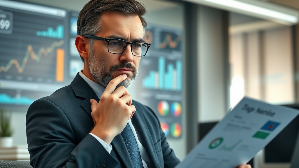 Business strategist thoughtfully analysing market data for scaling a business