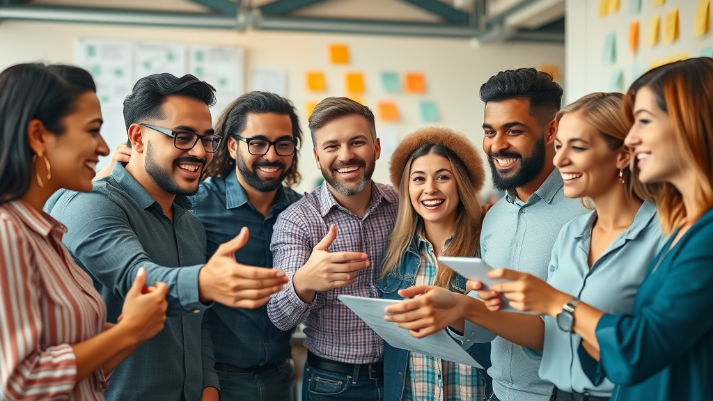 Diverse startup team brainstorming to develop systems for scaling a business