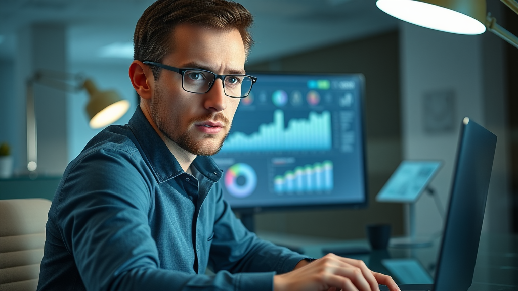 Business analyst reviewing digital dashboard with metrics for scaling a business