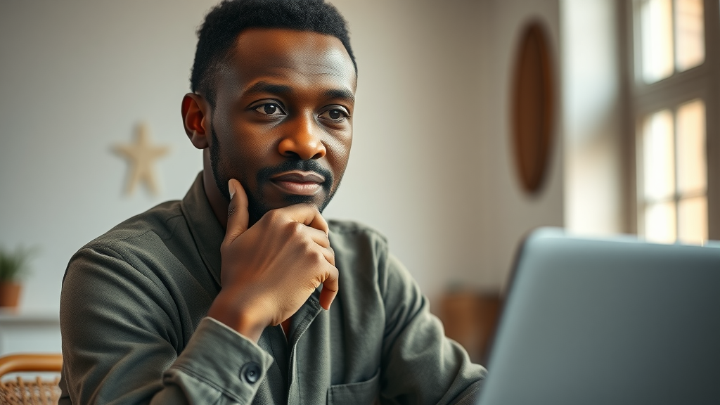 Compelling African founder reflecting on challenges — thoughtful, pondering pose in workspace