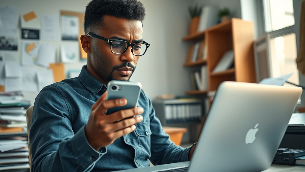 Busy African tech founder multitasking with phone and laptop, slightly stressed