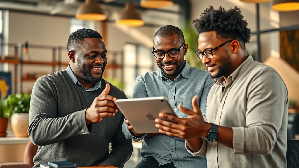 Inspiring African founders brainstorming strategy with optimism at coworking space