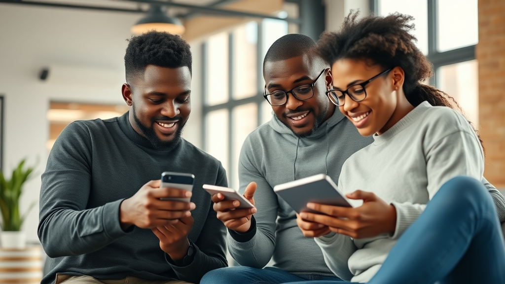 Dynamic African tech startup team strategizing around digital devices for growth