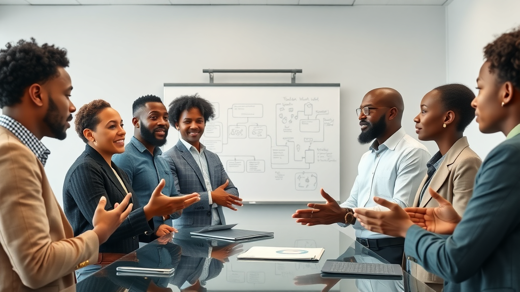 Diverse group of African founders actively discussing startup strategy in boardroom
