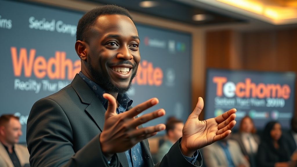 Innovative African entrepreneur confidently presenting startup pitch at tech conference
